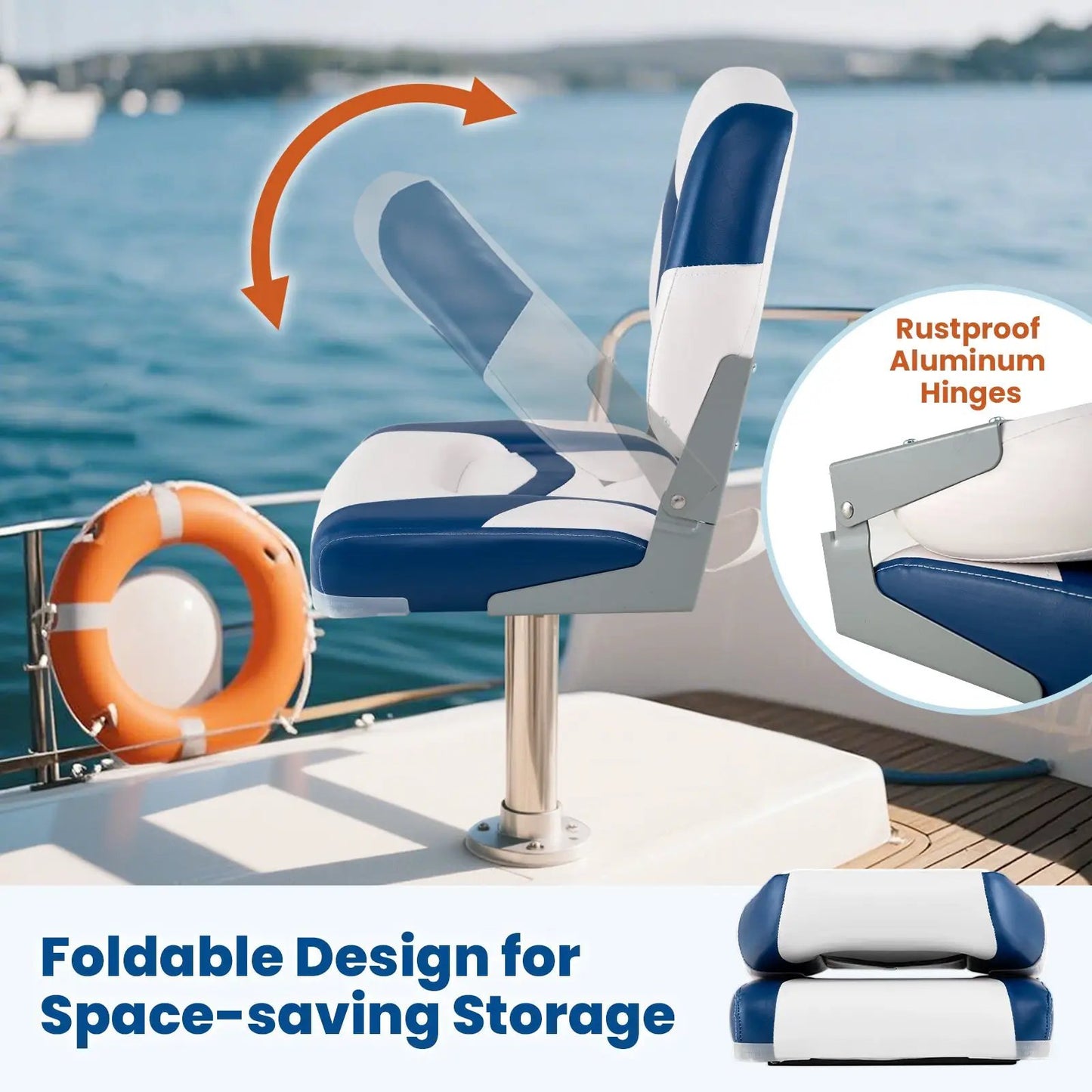 Two-pack DirectDeals boat seats with rustproof aluminum hinges and bolts blue/white cushions on Tampa Home & Garden Store