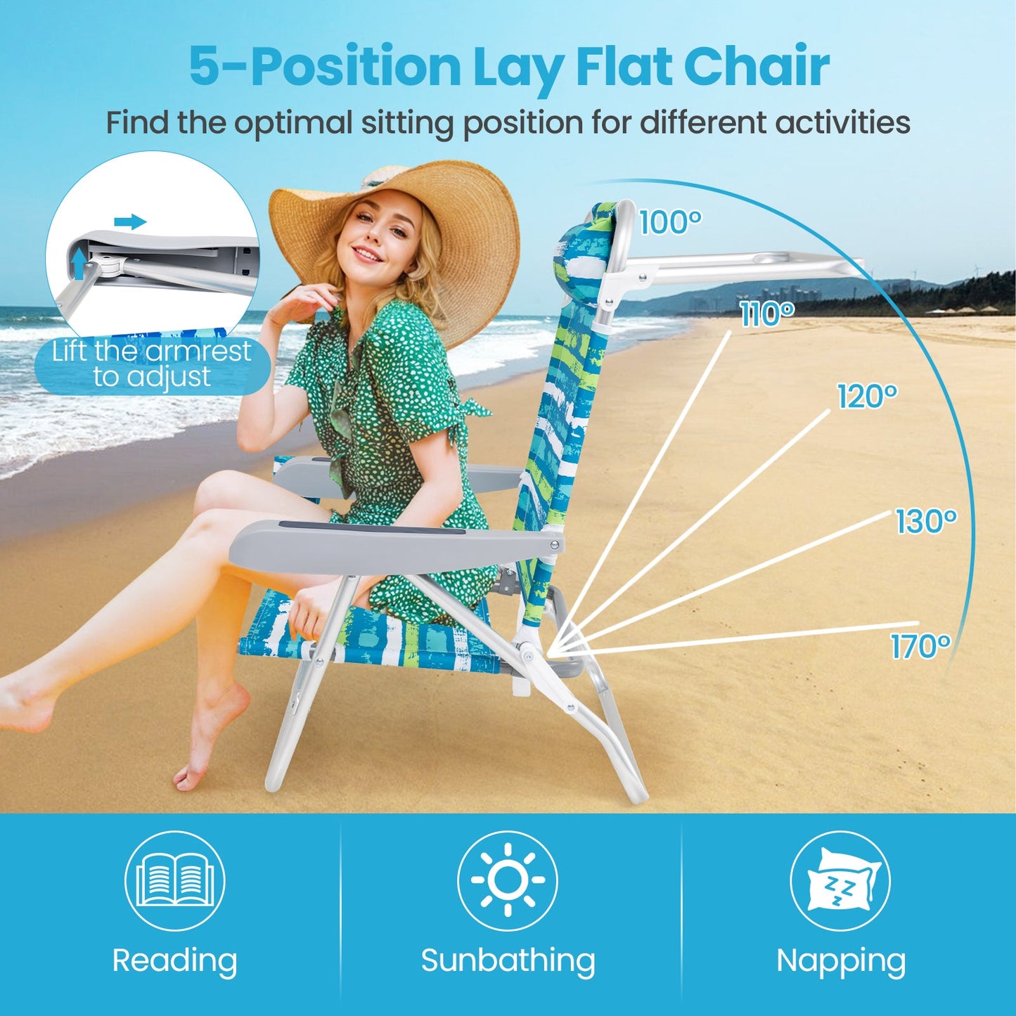 2-Pack folding beach chairs with headrests, gray frames and blue patterned fabric on Tampa Home & Garden Store