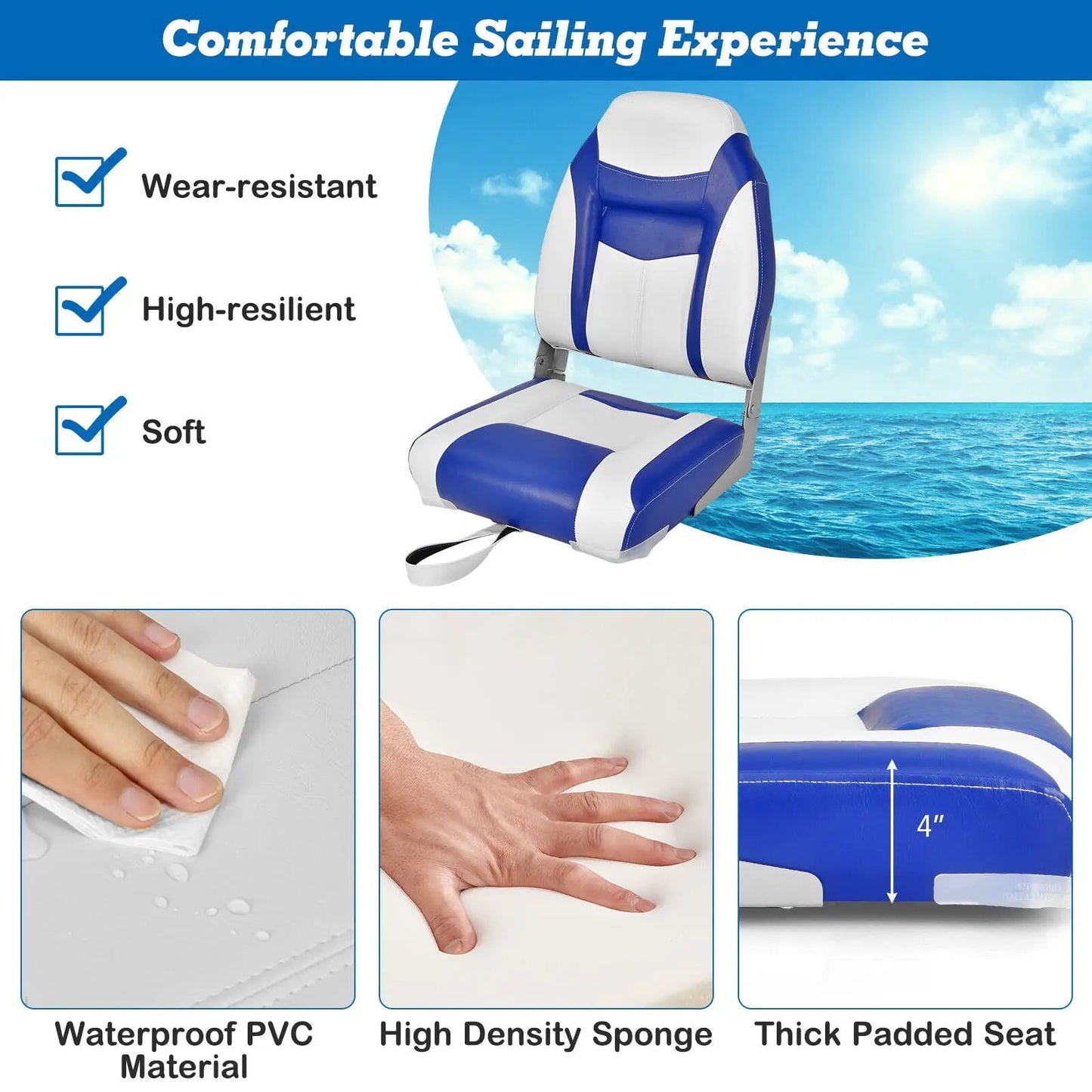 2 Pieces High Back Folding Boat Seat with Cushion in blue and white by DirectDeals on Tampa Home & Garden Store