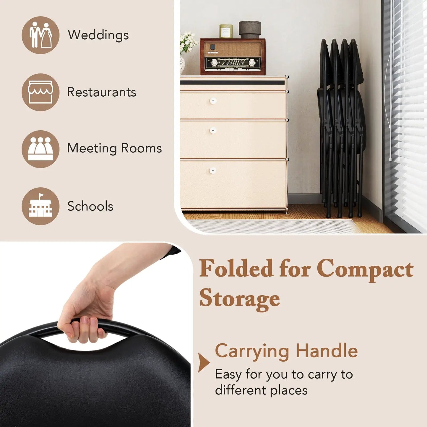 2-pack padded folding chairs with carry handles, black seats and metal frames, folded and stacked on Tampa Home & Garden Store