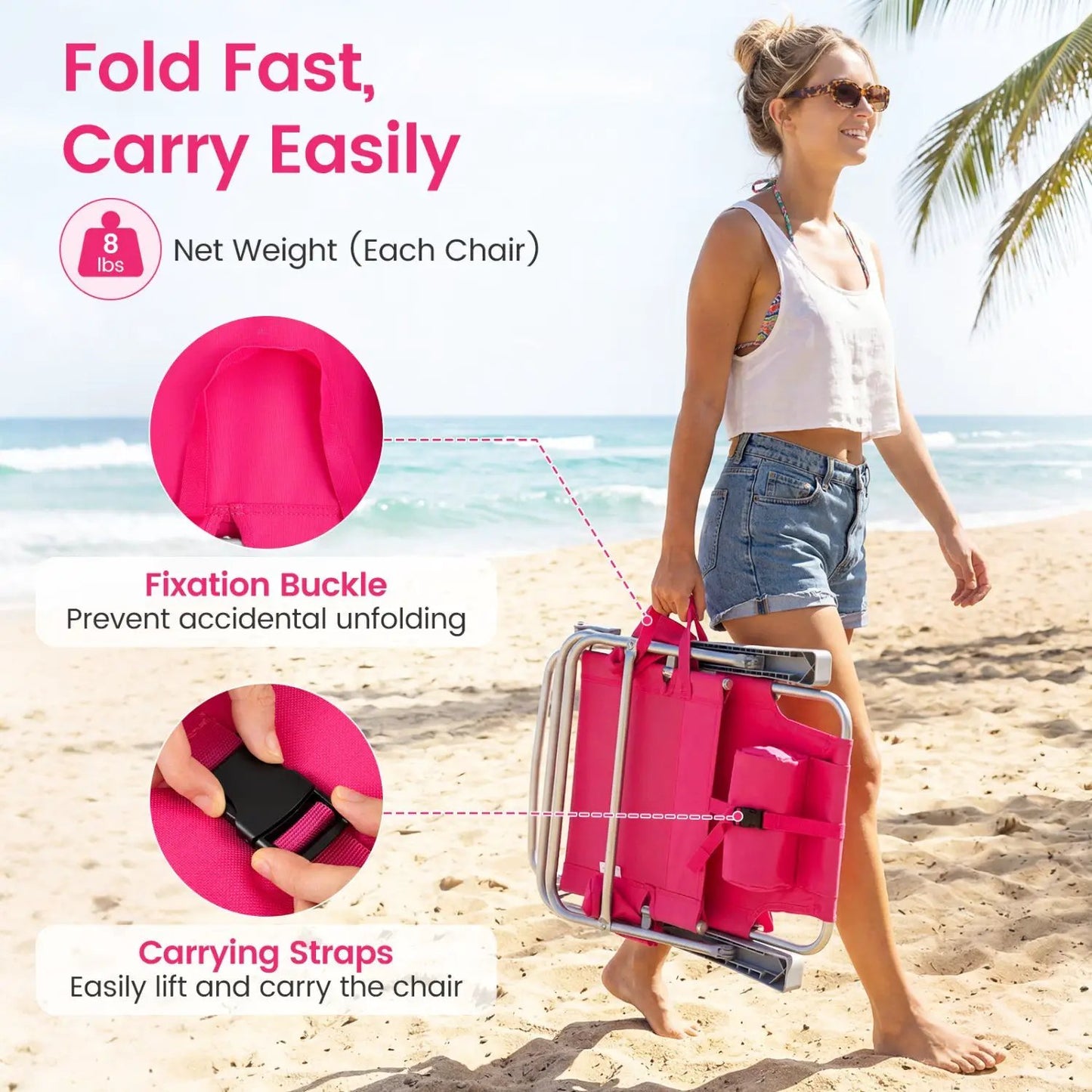 Folding Beach Chair Featuring 7 Position Backrest