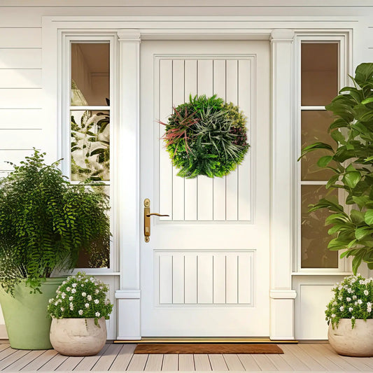 2-pack square framed artificial foliage wall art on white door with a lush green wreath on Tampa Home & Garden Store