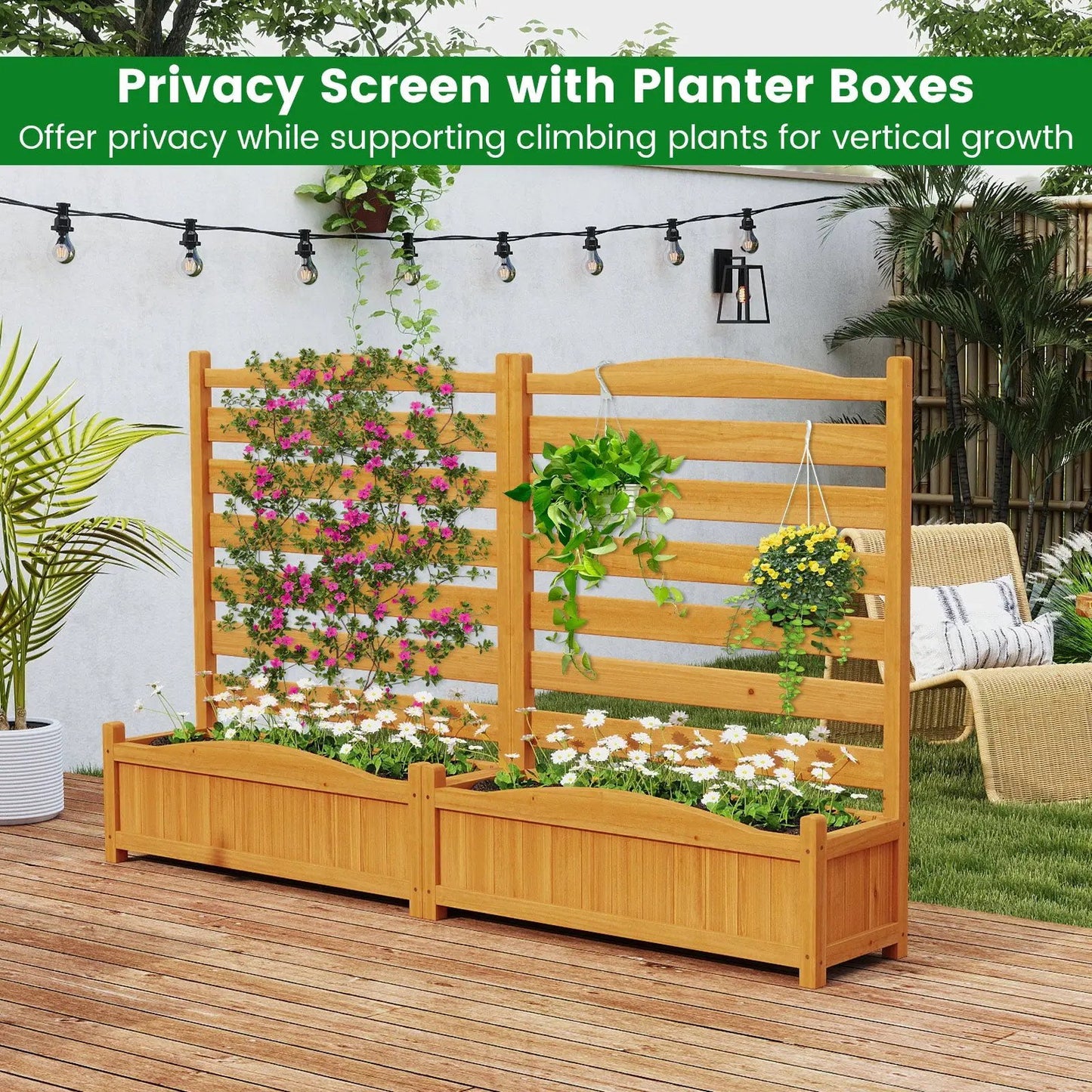 2-Panel wooden privacy screen freestanding yellow with planter boxes and flowering vines on Tampa Home & Garden Store