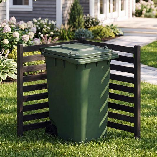 2-panel wooden outdoor privacy fence by DirectDeals around a green wheeled trash bin in a garden on Tampa Home & Garden Store