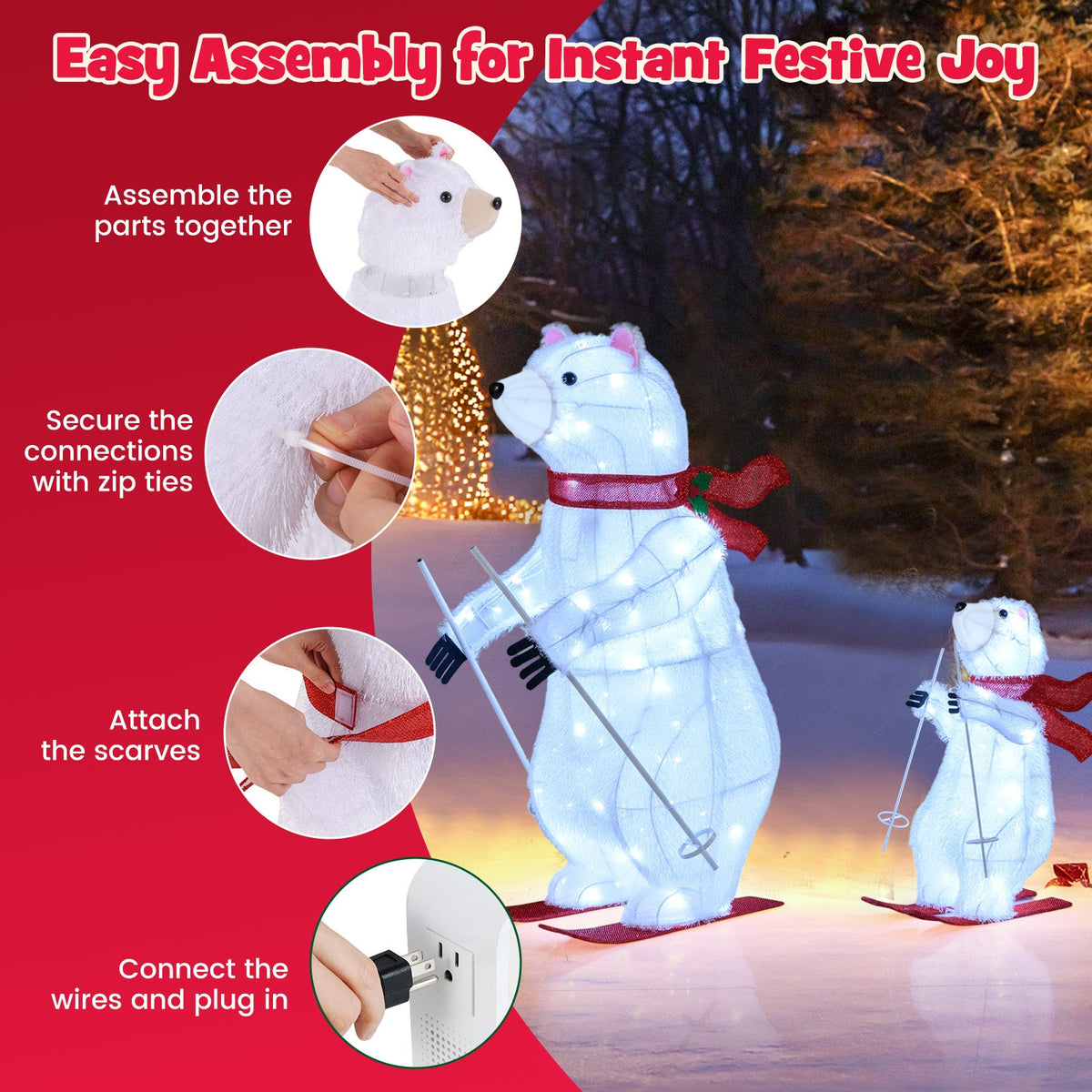 2-pack animated skiing polar bears snow globe decorations, white bears with pre-lit LEDs on Tampa Home & Garden Store