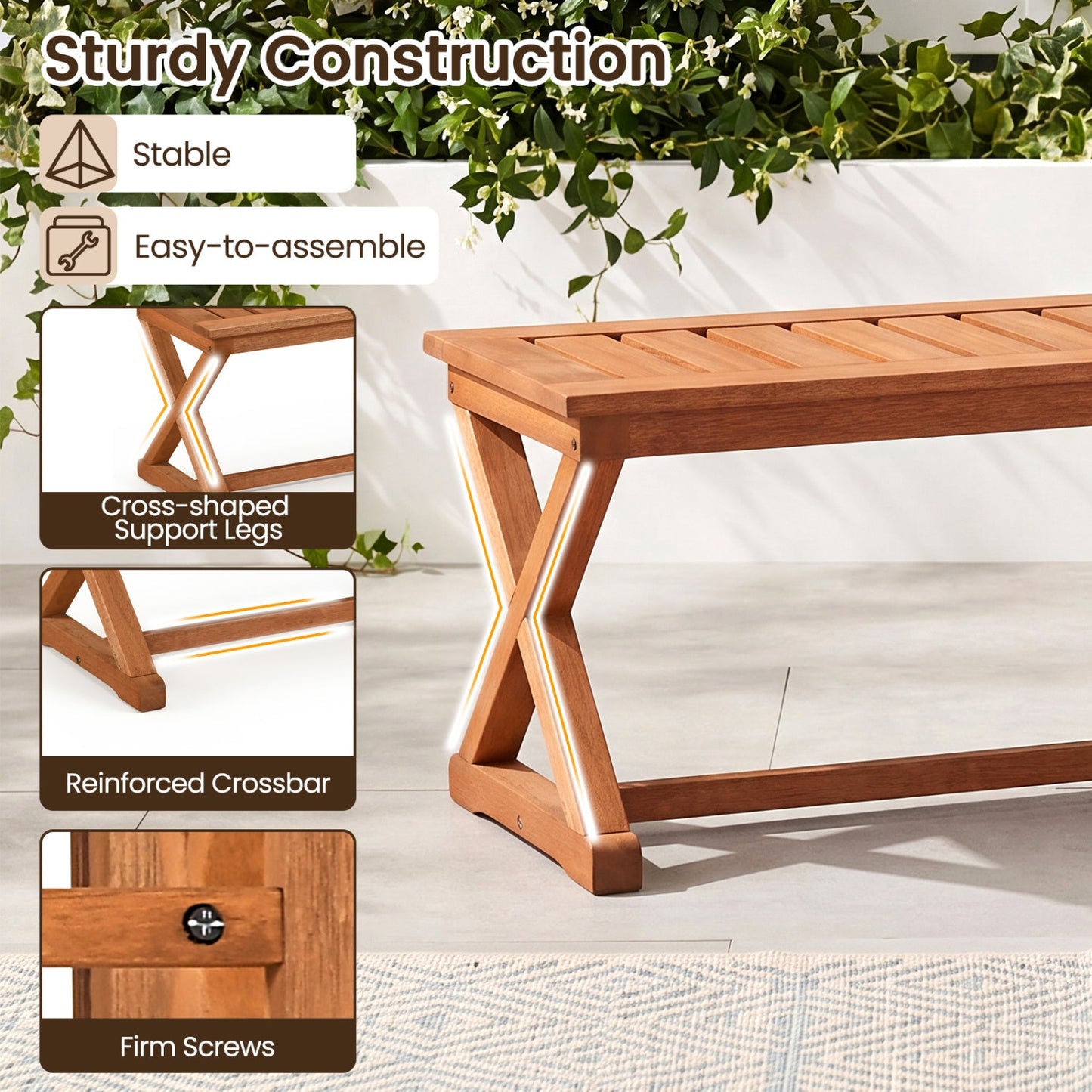 2-person 44in solid wood outdoor bench with slatted seat in brown by DirectDeals on Tampa Home & Garden Store