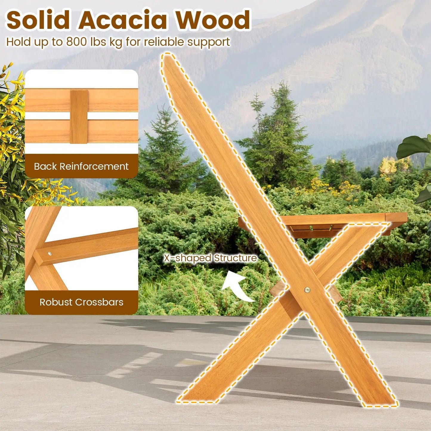 Two-Person Acacia Wood Patio Garden Bench 800 lb capacity, solid acacia with X-shaped frame on Tampa Home & Garden Store