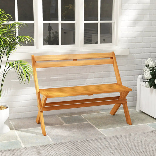 Two-person acacia wood patio garden bench with slatted seat and back on Tampa Home & Garden Store