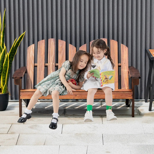 Two Person Adirondack Chair with High Backrest in natural wood with two kids reading outdoors on Tampa Home & Garden Store