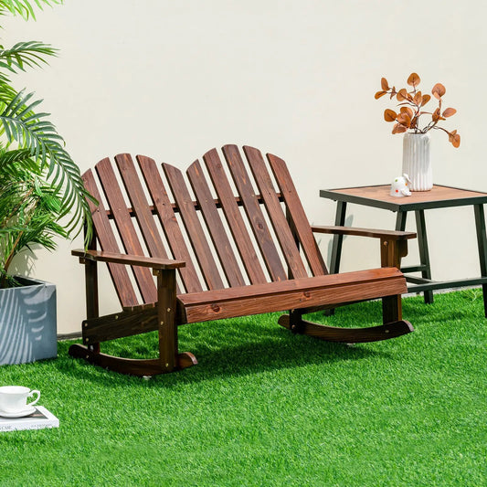 2 Person Adirondack Rocking Chair with Slatted seat-Brown - Tampa Home & Garden Store