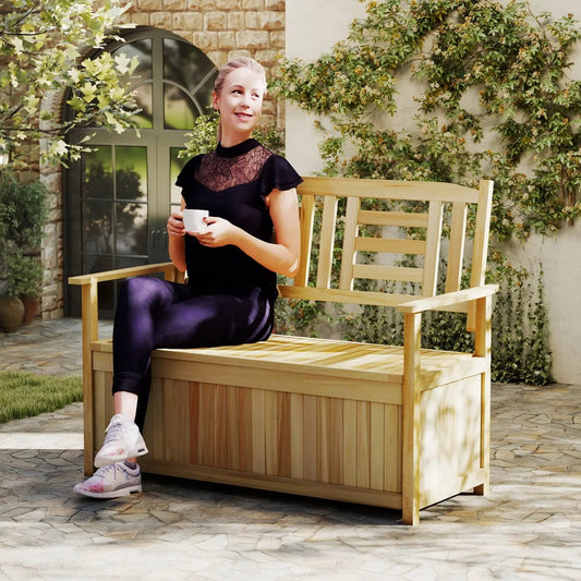 2-Person storage bench with 49-Gallon capacity and backrest, wooden outdoor seating on Tampa Home & Garden Store