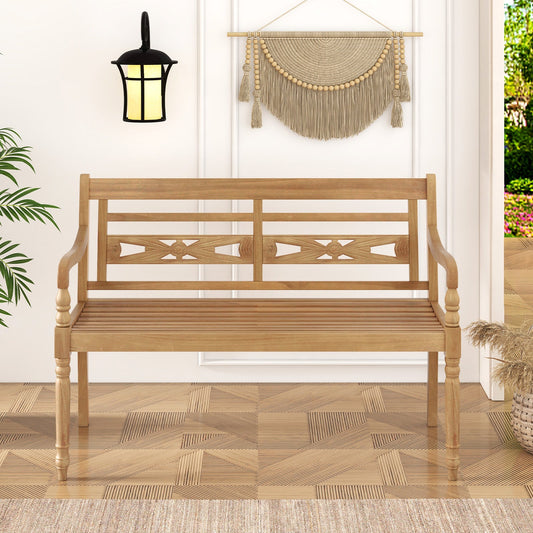 2-Person Teak Wood Patio Bench with Wide Backrest and Curved Armrests - Tampa Home & Garden Store