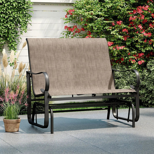 Two-Person Outdoor Glider Bench with High Back in beige-brown fabric on a black metal frame on Tampa Home & Garden Store