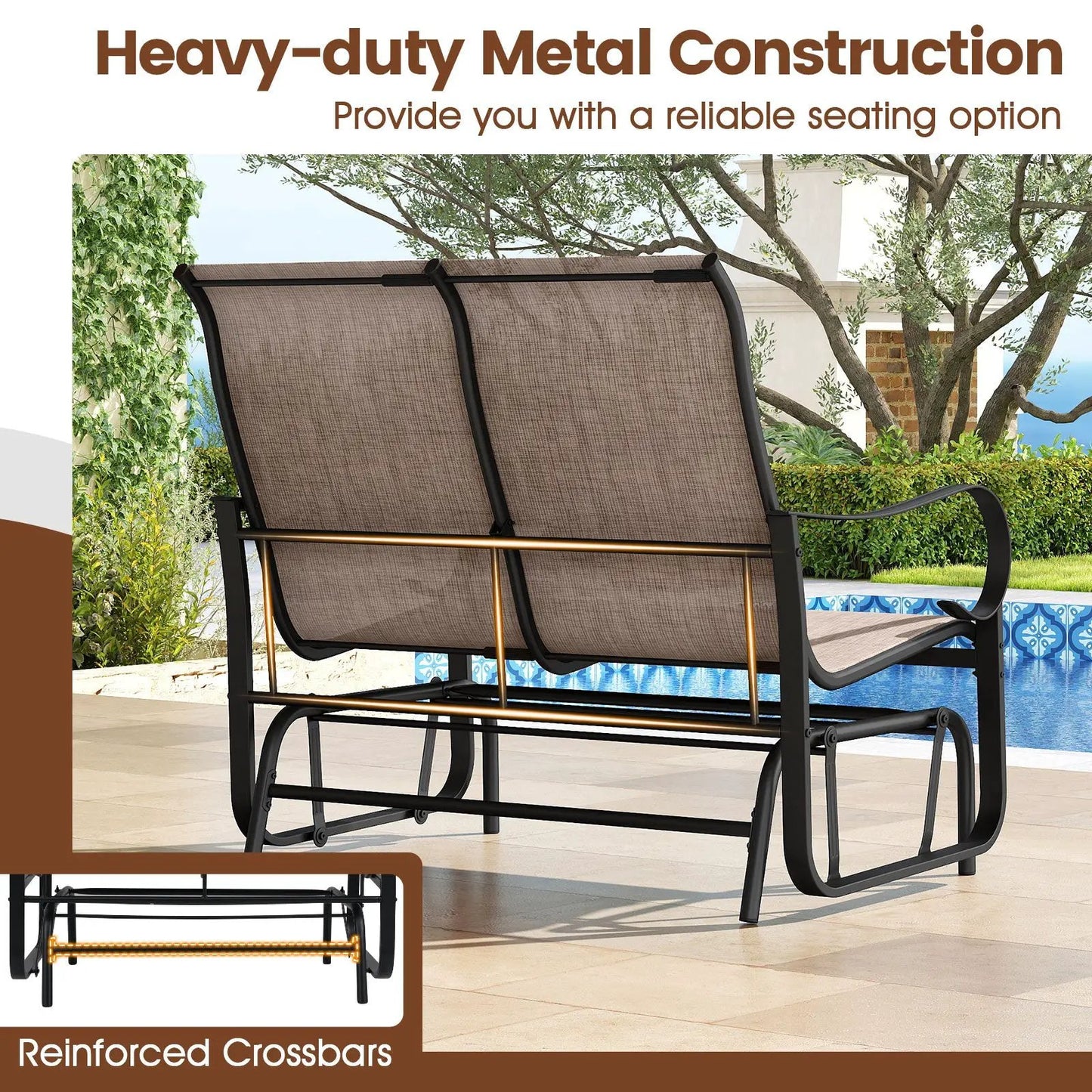 Two-Person Outdoor Glider Bench With High Back in brown mesh on black frame DirectDeals on Tampa Home & Garden Store