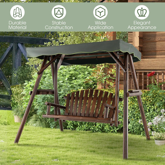 2-Person Outdoor Wooden Porch Swing with an Adjustable Canopy - Tampa Home & Garden Store