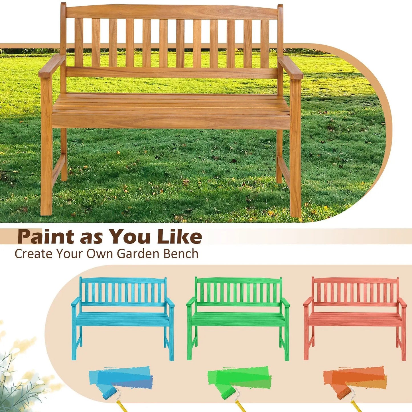 Two-Person Acacia Wood Patio Bench with Backrest by DirectDeals, natural finish on Tampa Home & Garden Store