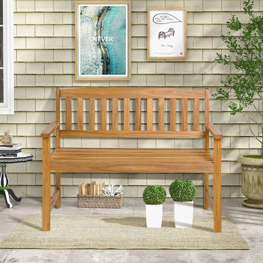 Two Person Acacia Wood Patio Bench with Backrest in warm wood finish with slatted seat on Tampa Home & Garden Store
