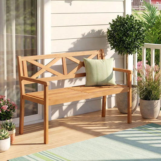 Two Person Acacia Wood Patio Chair with Armrests