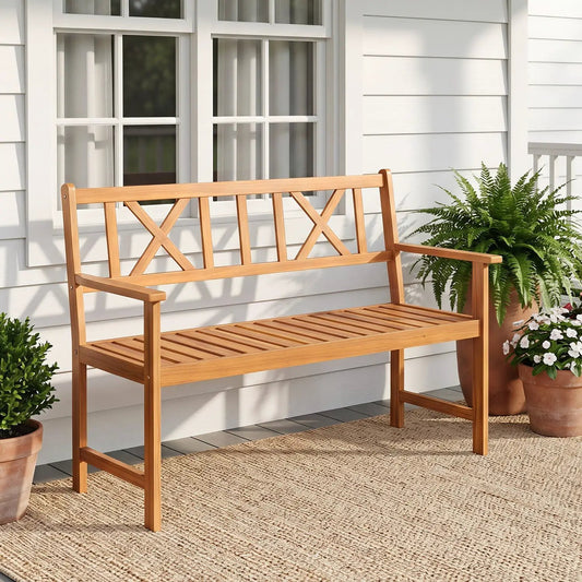 2-Person Acacia Wood Garden Bench with X-Shaped Backrest in natural finish by DirectDeals on Tampa Home & Garden Store