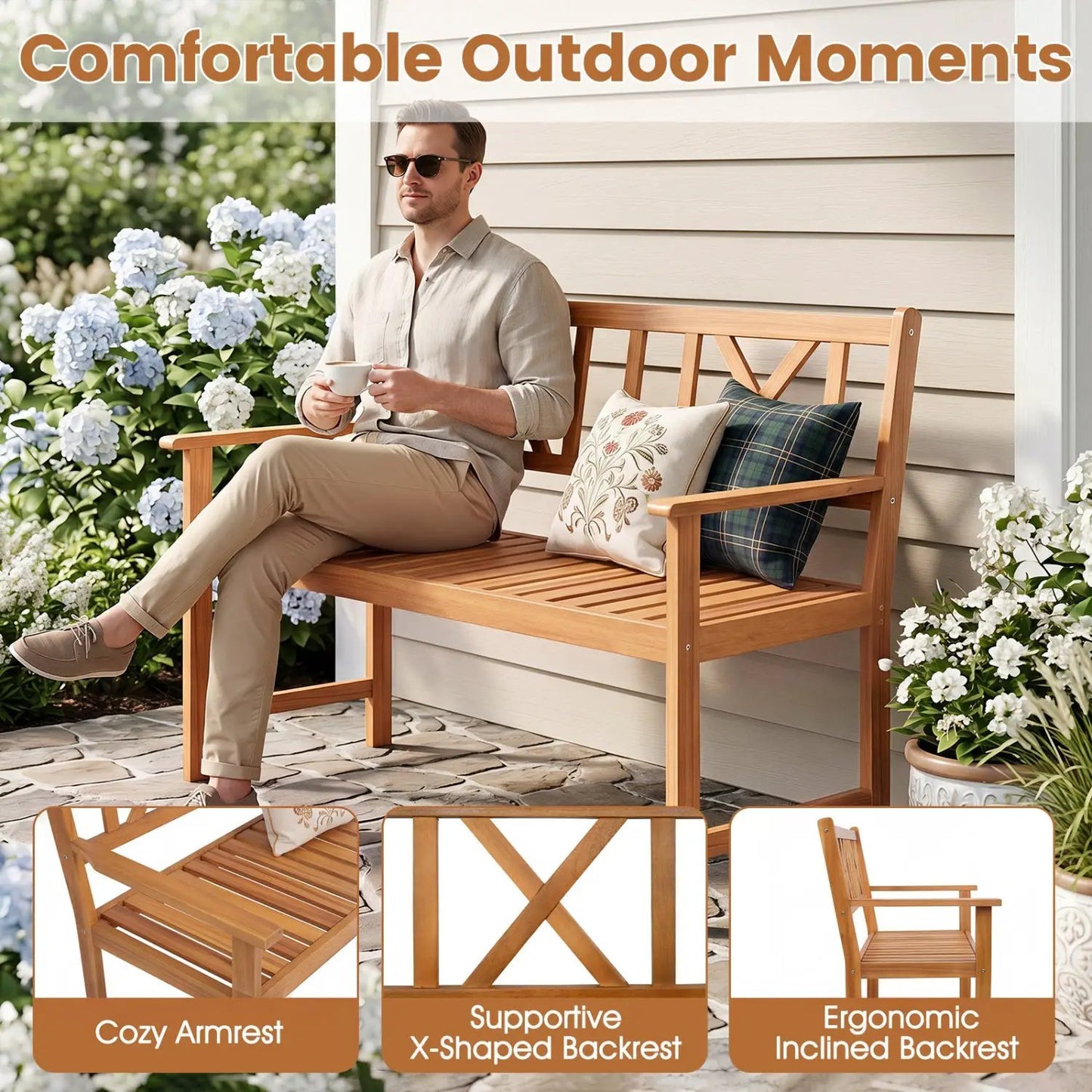 Two Person Acacia Wood Bench X Shaped Backrest