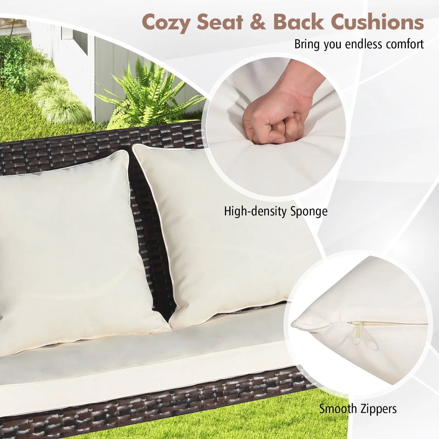 2-Person outdoor rattan porch swing with beige cushions on dark wicker frame on Tampa Home & Garden Store