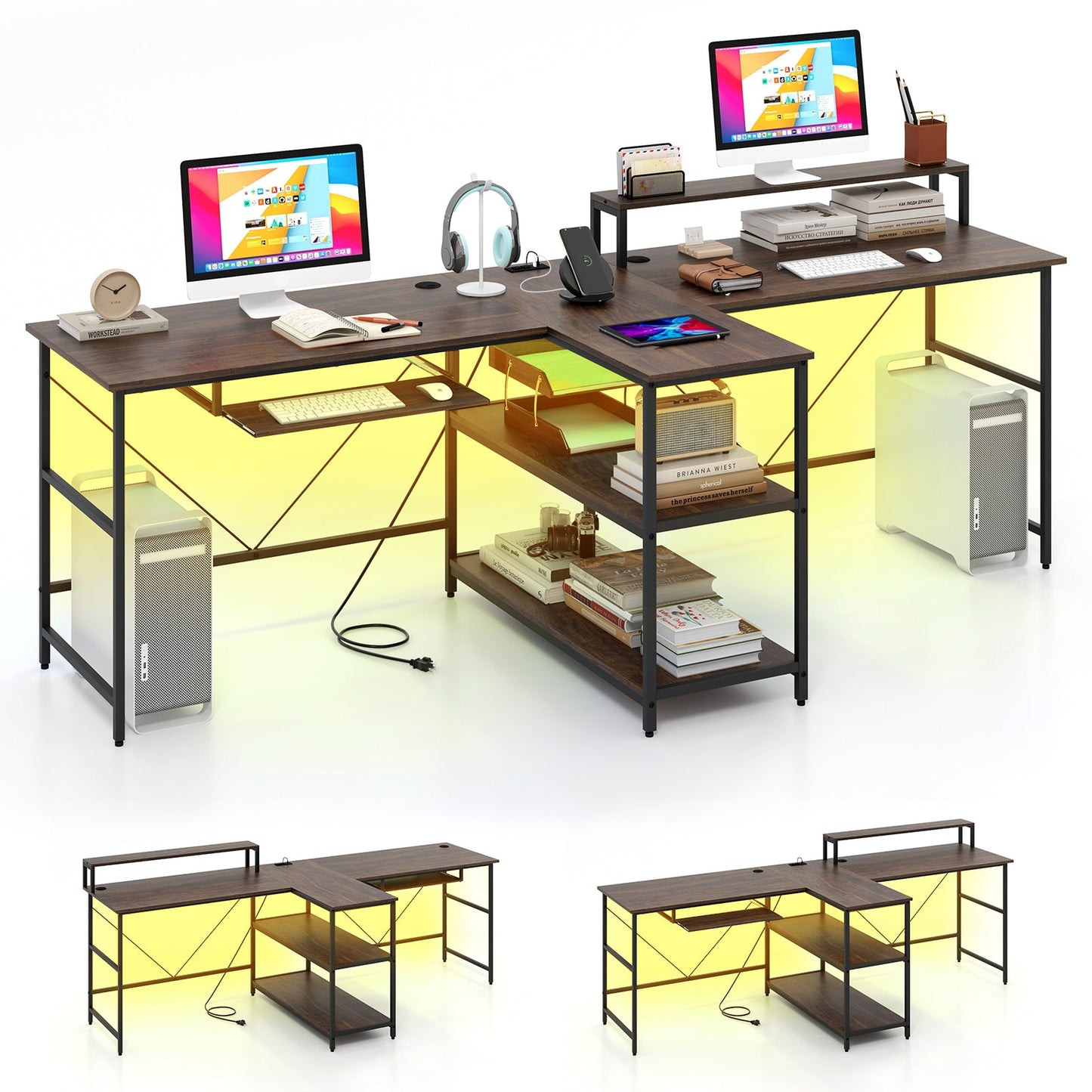 Escritorio de oficina largo reversible para 2 personas con luces LED - Blanco