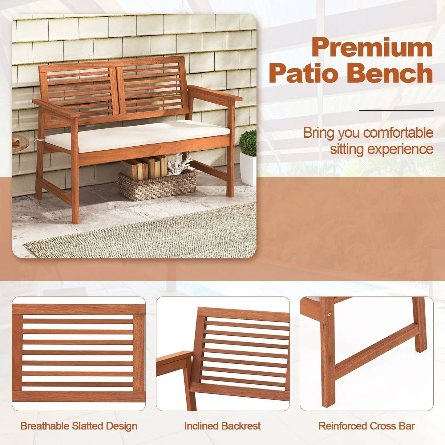 Two-person solid wood patio bench with backrest and white cushion on Tampa Home & Garden Store