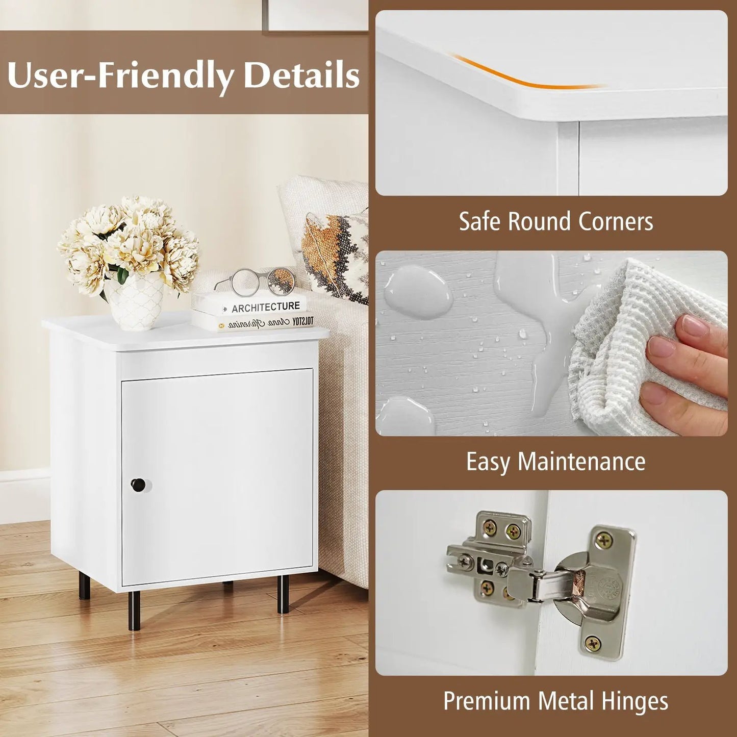 Nightstand mid-century end table with door, white finish, DirectDeals, black metal legs on Tampa Home & Garden Store