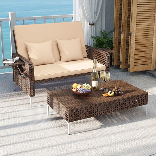 Patio rattan daybed set with loveseat and ottoman in wicker cushions on Tampa Home & Garden Store