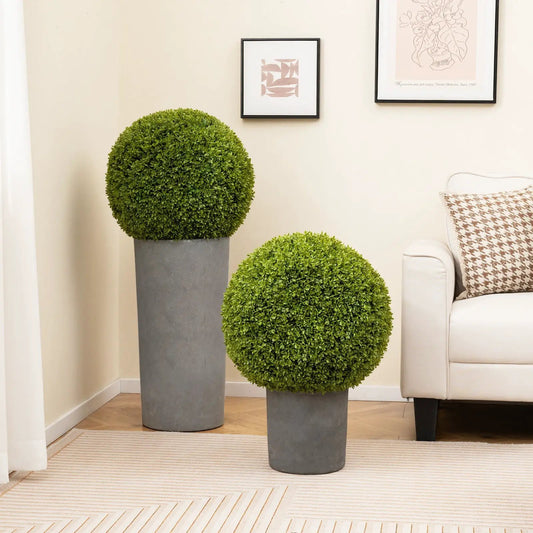 Two Pieces 20 Inch Artificial Topiary Spheres in gray planters with green faux foliage indoors on Tampa Home & Garden Store