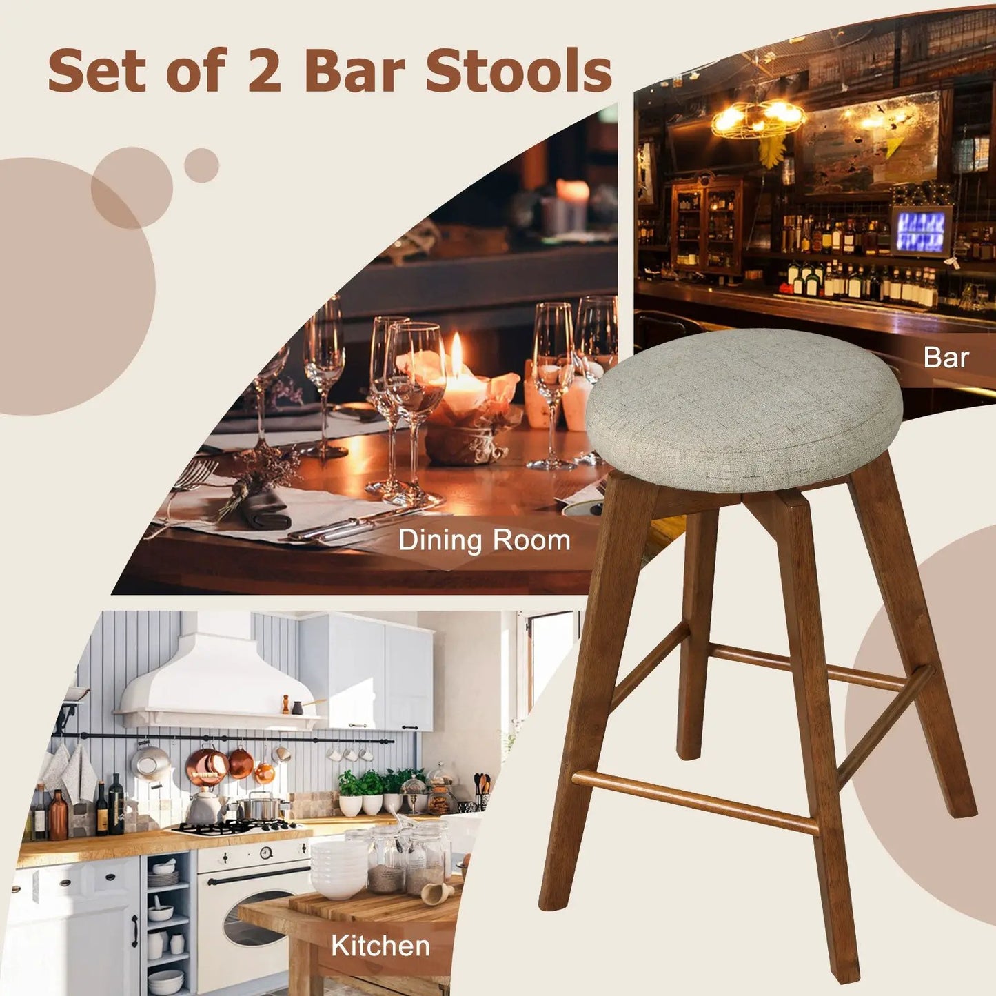 26 inch backless swivel bar stool in linen beige fabric with wooden legs, set of 2 on Tampa Home & Garden Store