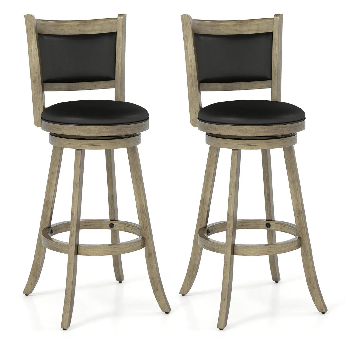 Set of 2 swivel 29in wood bar stools with black cushioned seats and backs, light wood frame on Tampa Home & Garden Store