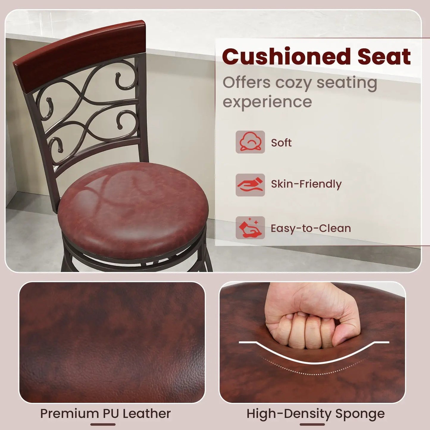 Two 30-inch bar stools with backrest and footrest, brown leather seats and metal frame on Tampa Home & Garden Store