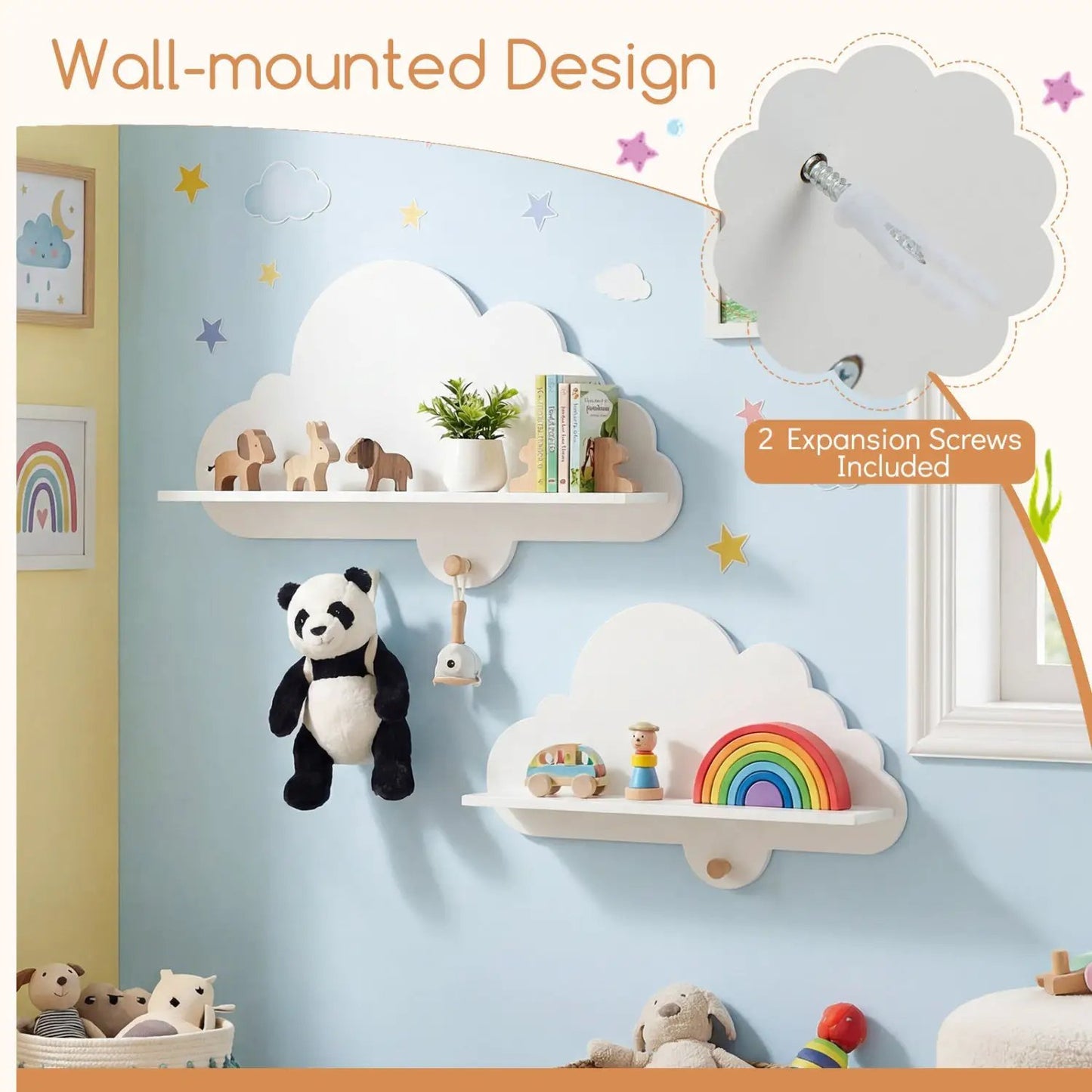 Floating Cloud Shelves set of 2 white cloud-shaped wall mounted racks for kids room on Tampa Home & Garden Store
