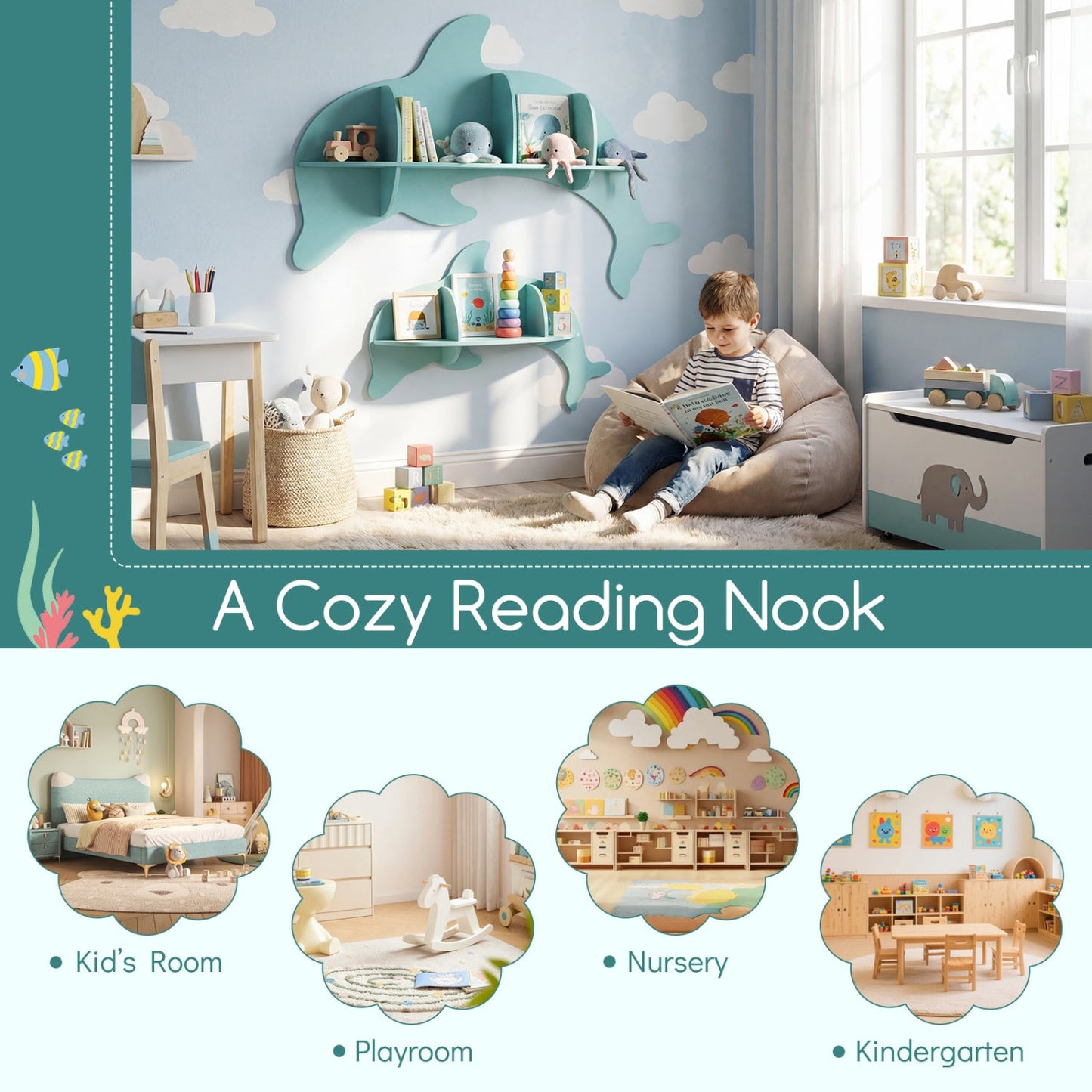 Floating Dolphin Shelves Set of 2 wall-mounted turquoise blue shelves for kids' rooms on Tampa Home & Garden Store