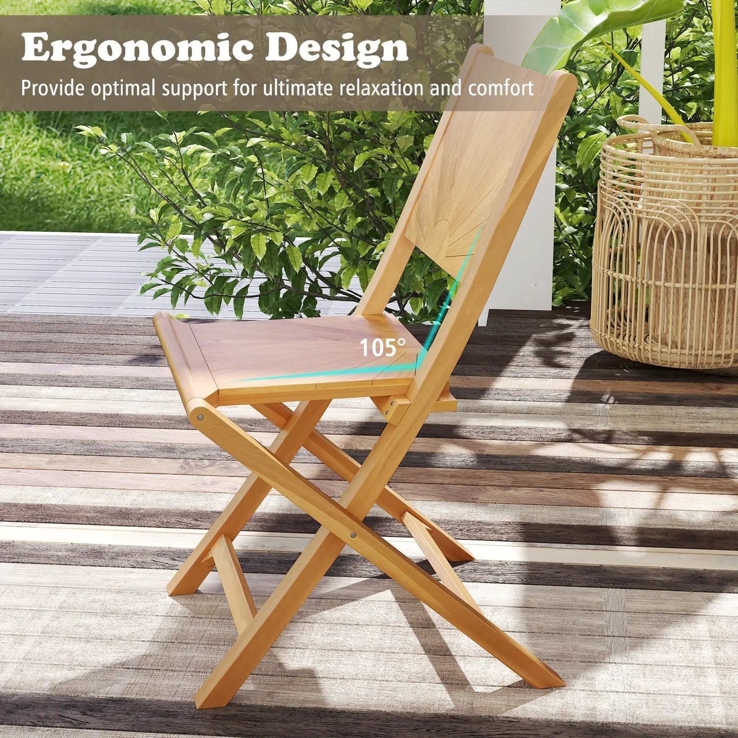 Natural teak folding patio chairs with inclined backrests, 2-piece set on a wooden deck on Tampa Home & Garden Store