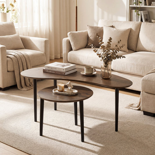 2 Pieces Mid Century Nesting Tables with Rubber Wood Legs-Walnut - Tampa Home & Garden Store