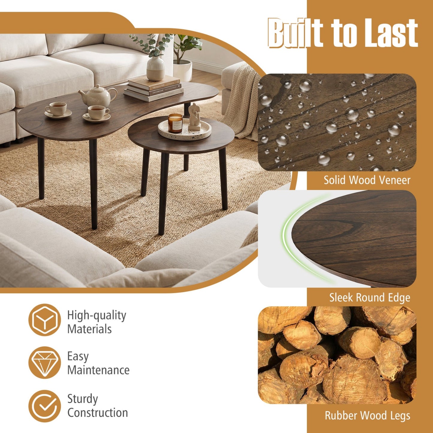 Two mid-century nesting tables with walnut wood legs in a cozy beige living room on Tampa Home & Garden Store