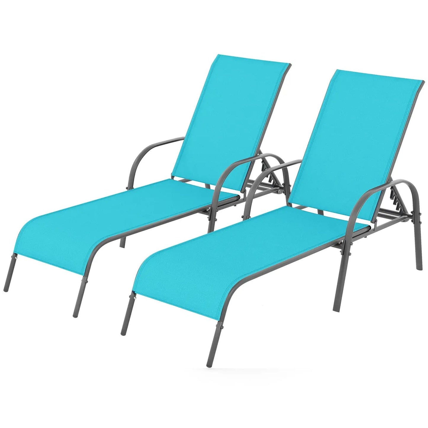 Outdoor Patio Lounge Chair Set, 2 turquoise fabric sunloungers with gray metal frames on Tampa Home & Garden Store