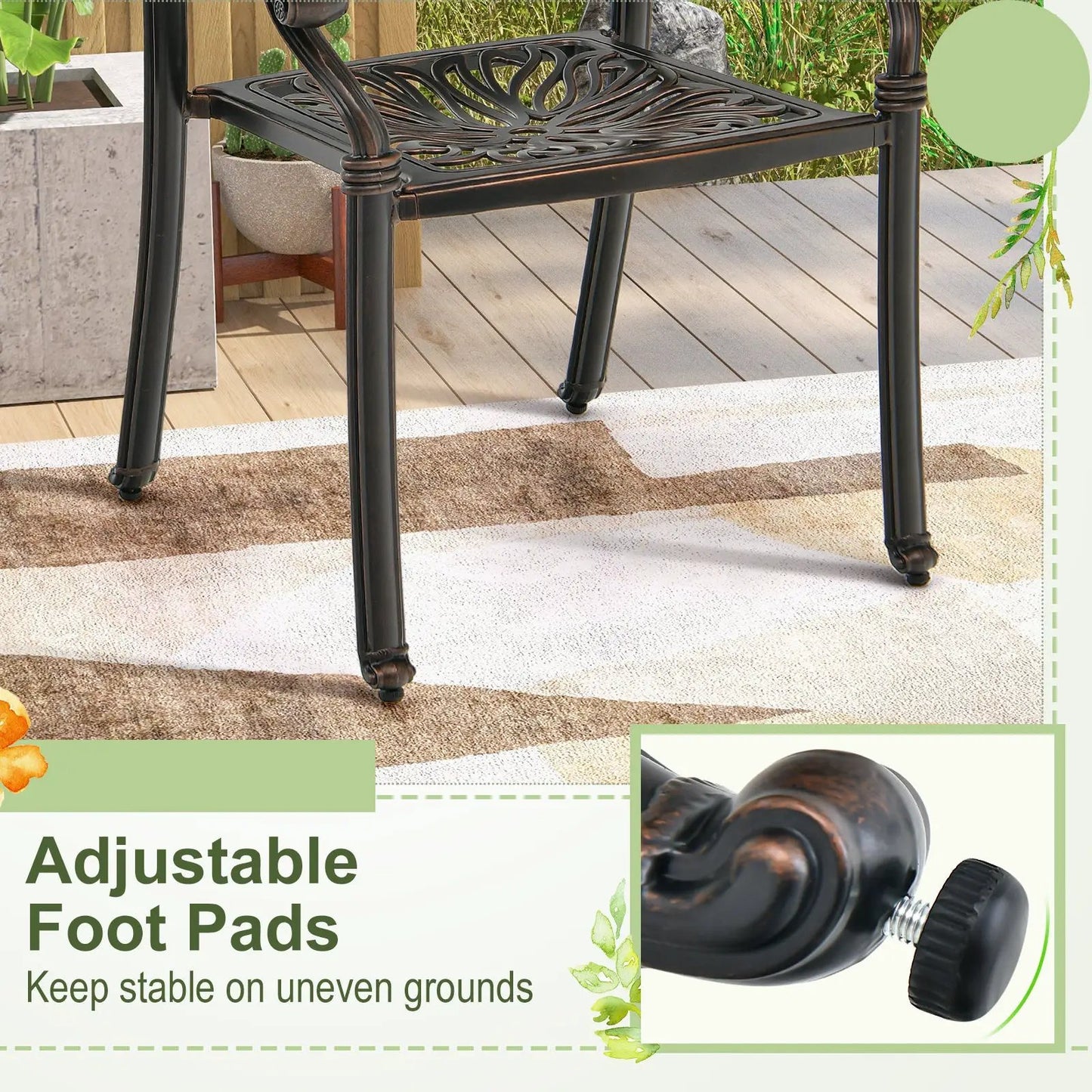Two-piece bronze cast aluminum patio dining chairs with armrests and decorative lattice seat on Tampa Home & Garden Store