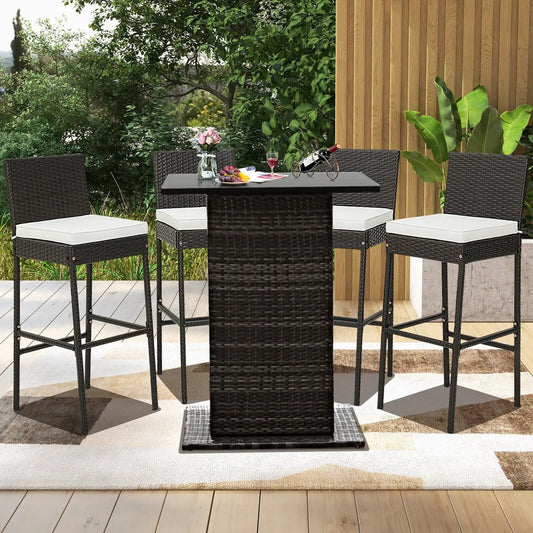 Two Piece Patio Cushioned Wicker Barstools 2 dark brown wicker with white cushions DirectDeals on Tampa Home & Garden Store