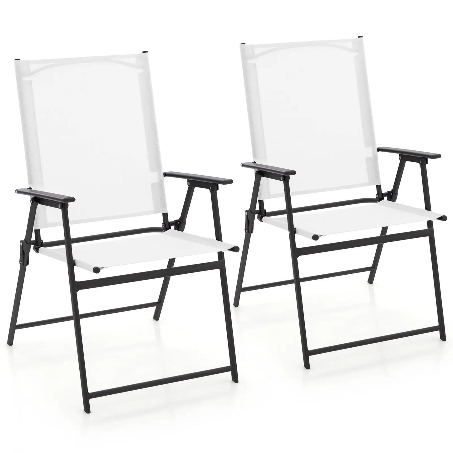 2-Piece patio folding chairs with armrests, white fabric seats, black metal frames on Tampa Home & Garden Store