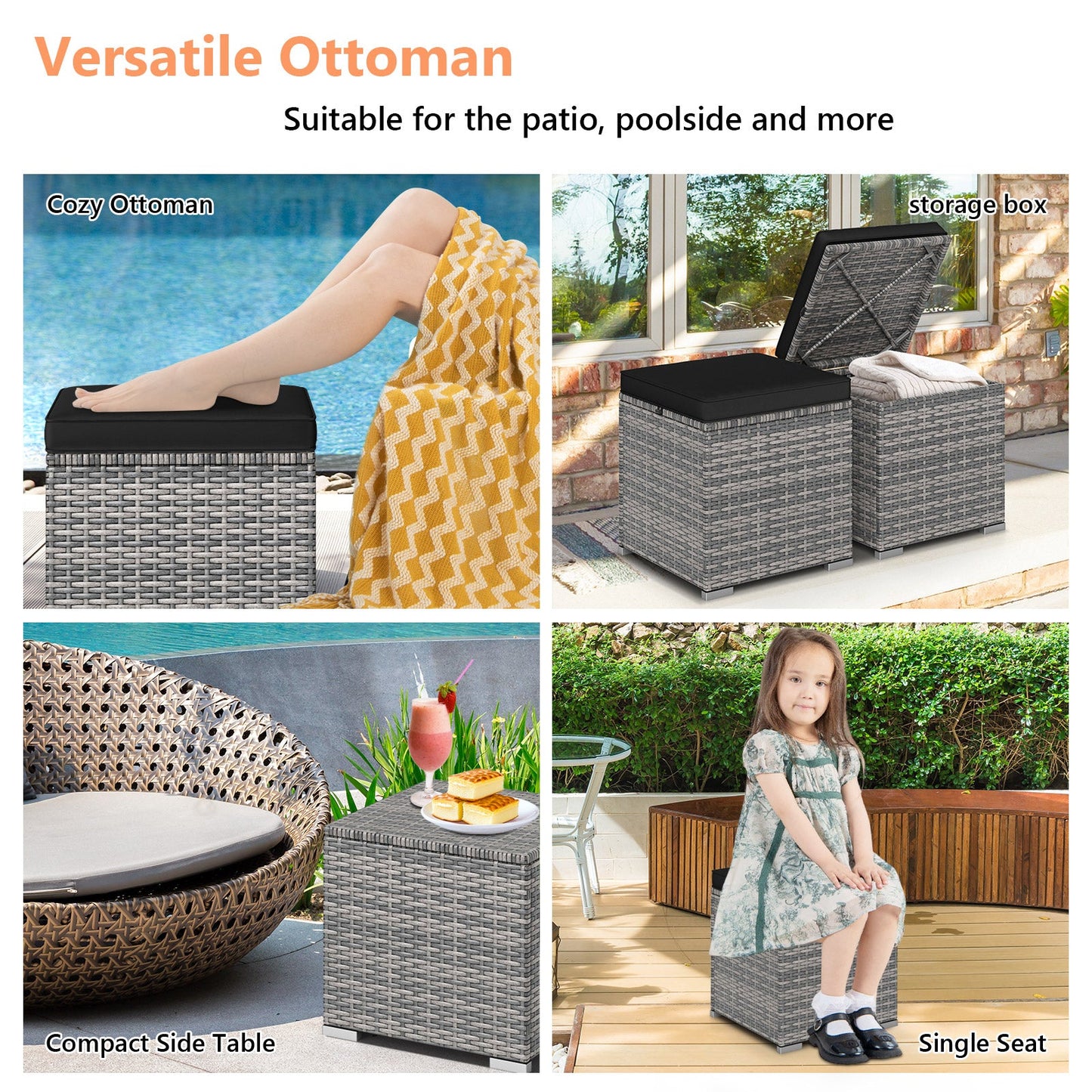 Patio Ottoman with Hidden Storage Mix Grey, two-piece gray wicker set with black cushion lids on Tampa Home & Garden Store