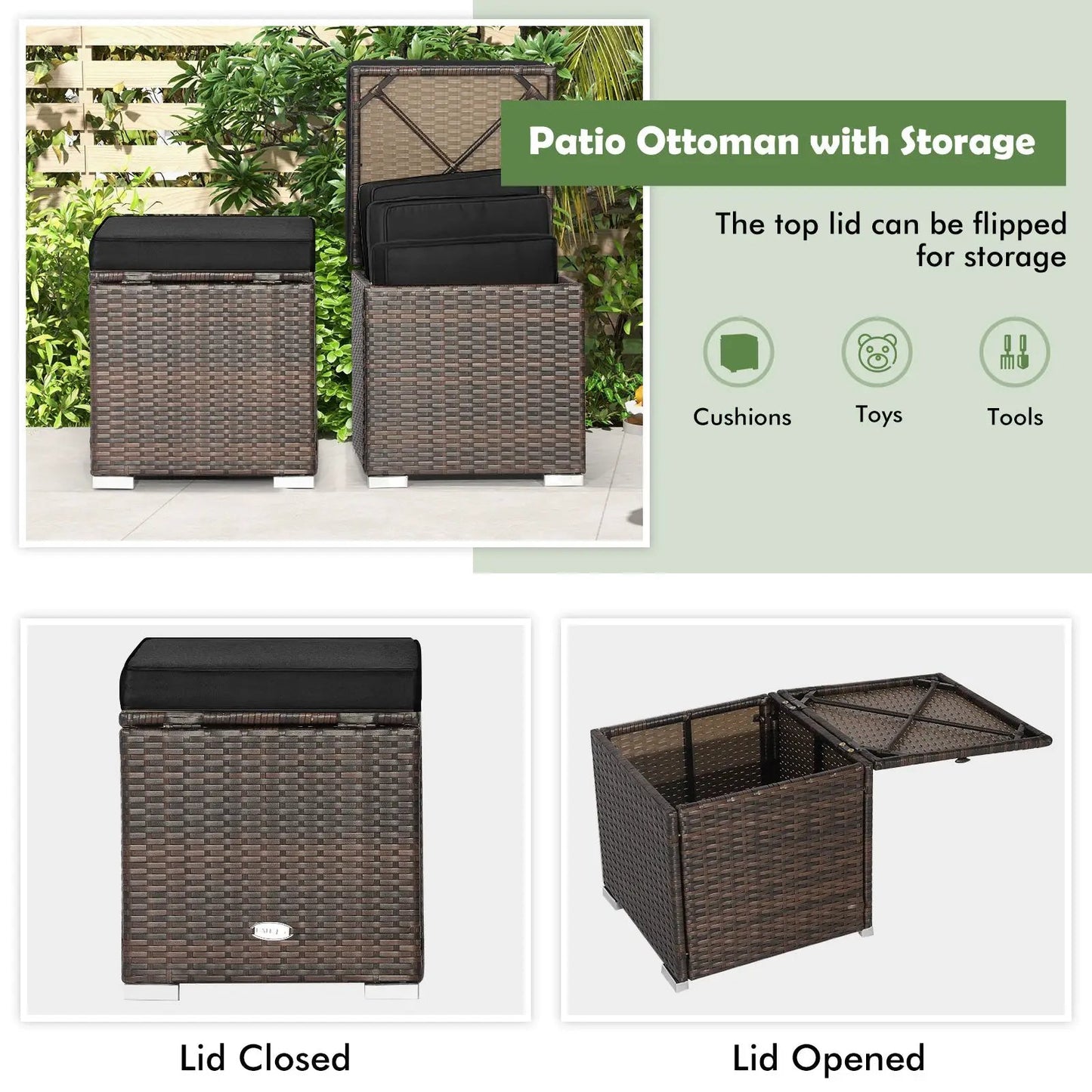 2 Pieces Patio Ottoman with Hidden Storage Space-Black - Tampa Home & Garden Store