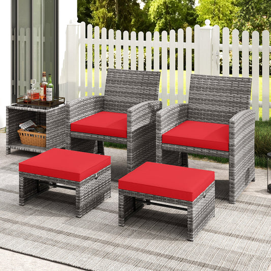 2 Pieces Patio PE Rattan Ottomans with Soft Zippered Cushions for Deck-Red - Tampa Home & Garden Store
