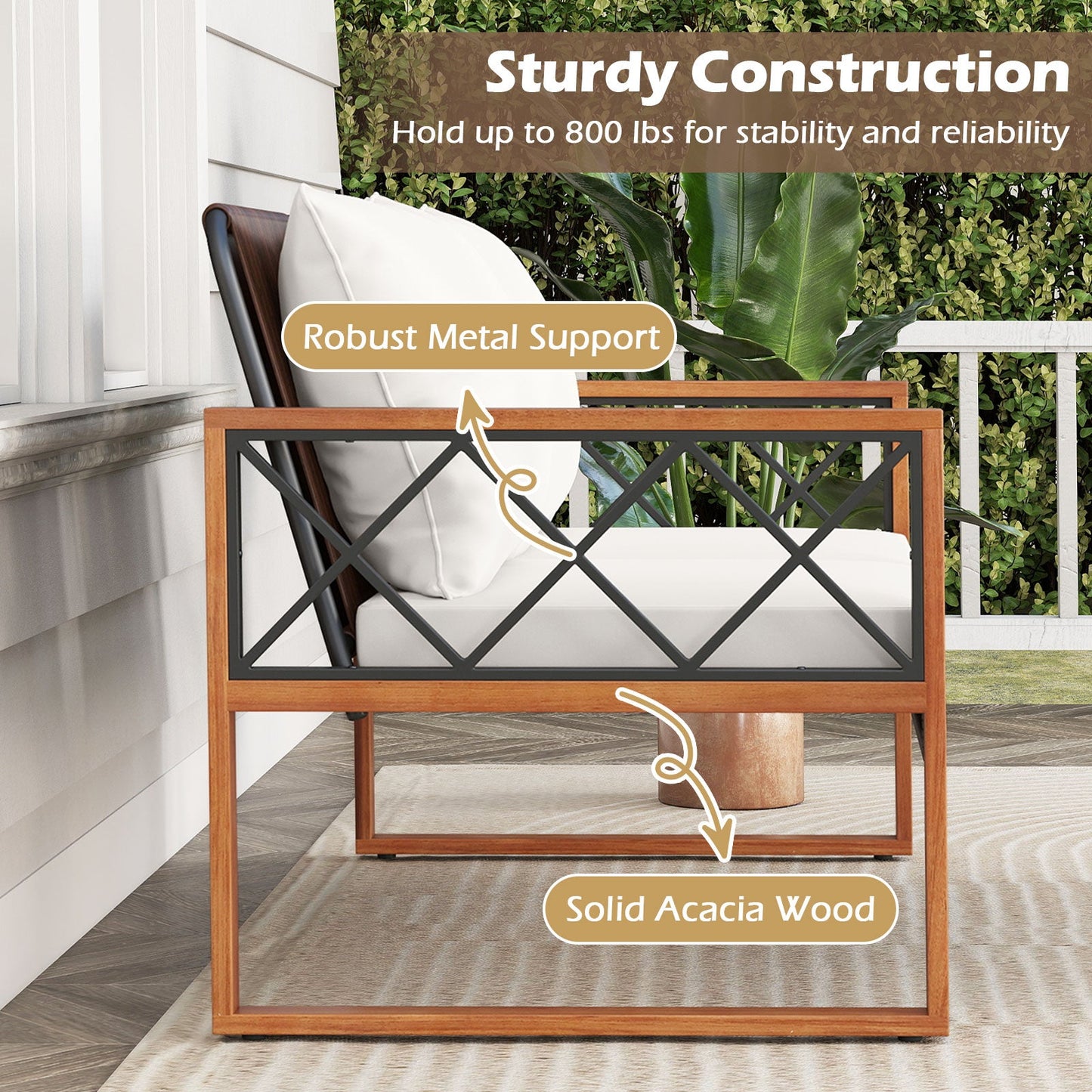 2-piece patio wicker conversation set by DirectDeals with white cushions and acacia wood frame on Tampa Home & Garden Store