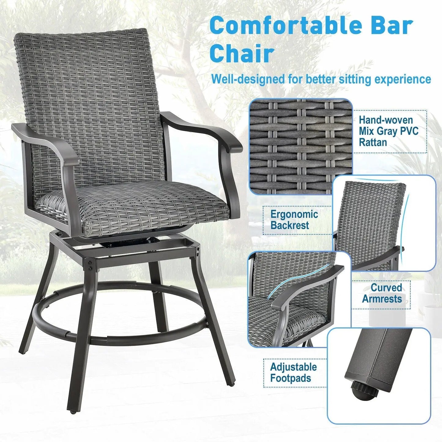 Patio Swivel Bar Chair Set, 2 pcs, gray hand-woven PVC rattan with quick-dry cushions DirectDeals on Tampa Home & Garden Store
