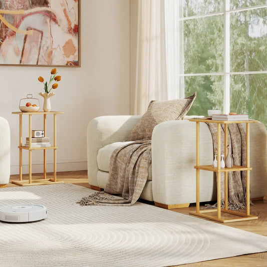 Two piece bamboo side tables with storage shelves in natural finish beside a beige sofa on Tampa Home & Garden Store