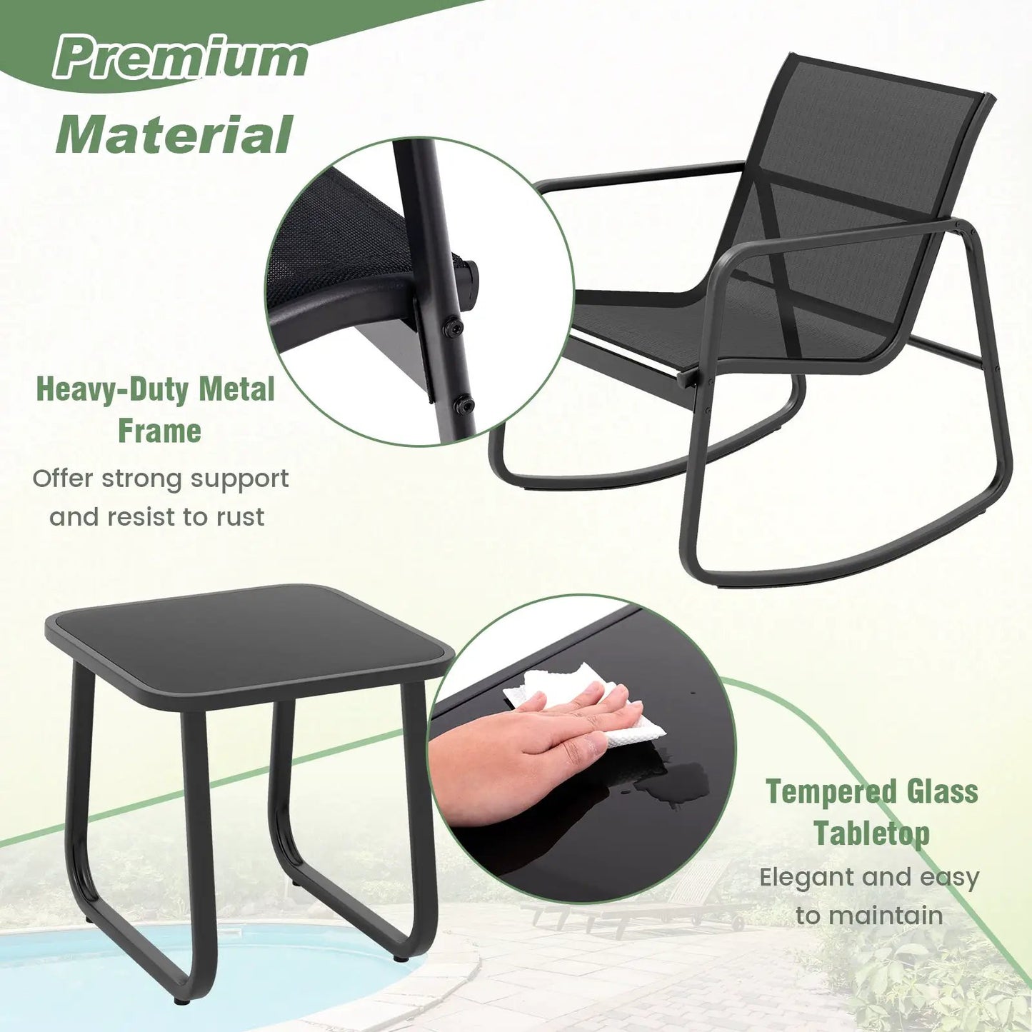 Rocking Bistro Chairs and Glass-Top Table for porch, 2 black metal chairs DirectDeals on Tampa Home & Garden Store