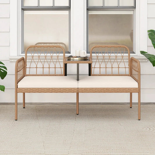 2-Seat PE rattan outdoor loveseat with built-in table and beige cushions on Tampa Home & Garden Store
